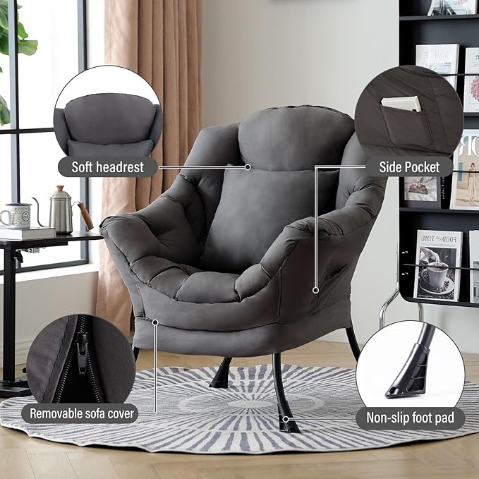 Lazy Chair with Pillow for Living Room, Modern Lounge Accent Chair with Armrests - Image 5