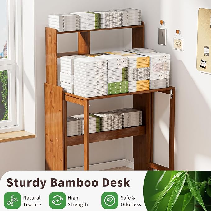 Bamboo Folding Desk with Storage Rack Mid Century Modern Desk - Image 6