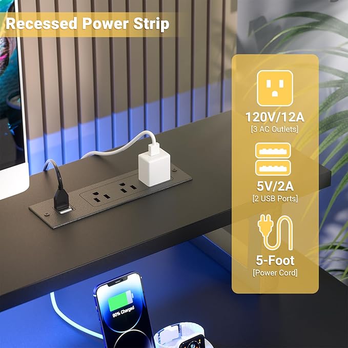 Computer Desk with USB Power Outlets and LED Lights, 55 inch Gaming Desk with - Image 5