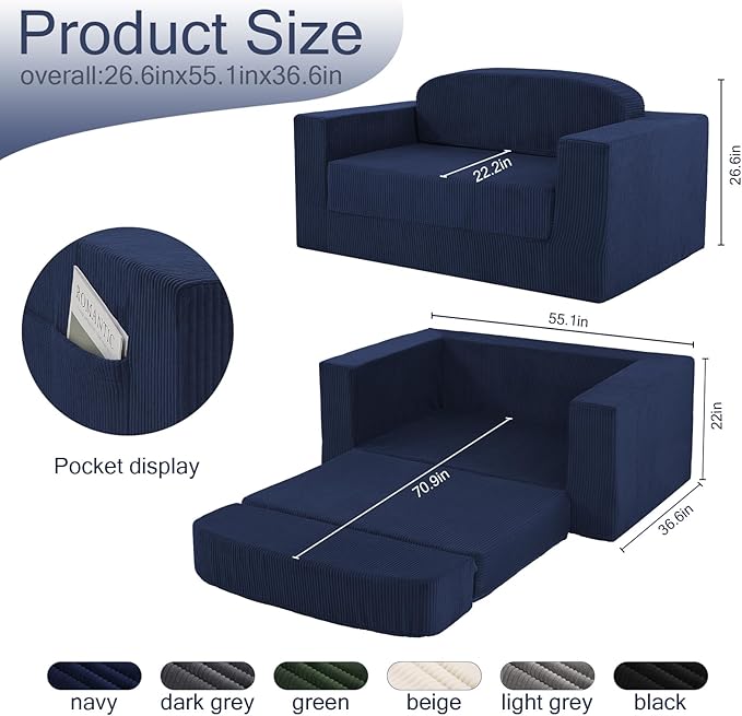 MeMoreCool Transform Your Space – 2-in-1 Corduroy Loveseat & Sleeper, Boneless - Image 3