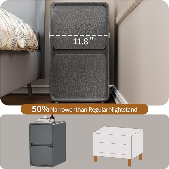 VICITON Modern Narrow Faux Leather Nightstand, Solid Wood Drawer, Storage - Image 4