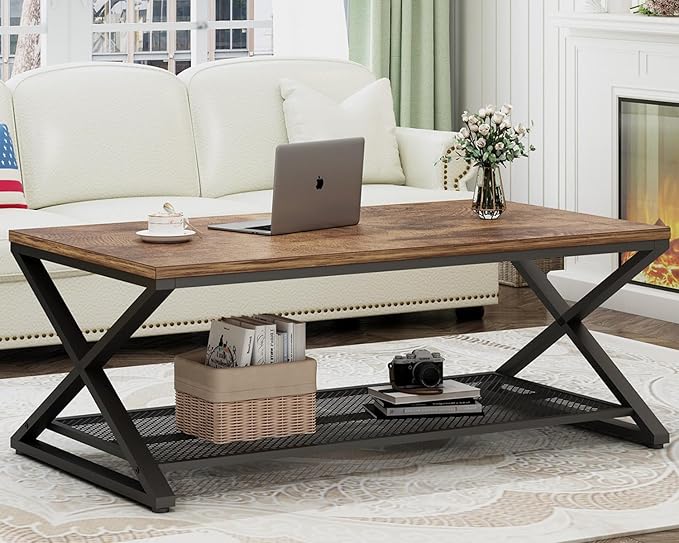 LVB Rustic Coffee Table with Storage, Industrial Wood Metal 2 Tier Center - Image 3