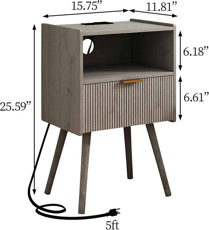 Nightstand with Outlet, Modern Bedside Table with Storage Drawer and Open Wood - Image 2