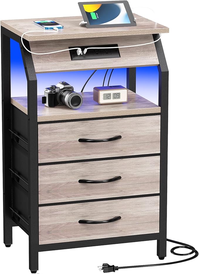 End Table with 3 Drawers, Night Stand with Charger Station and LED Lights by SZLHANJZ