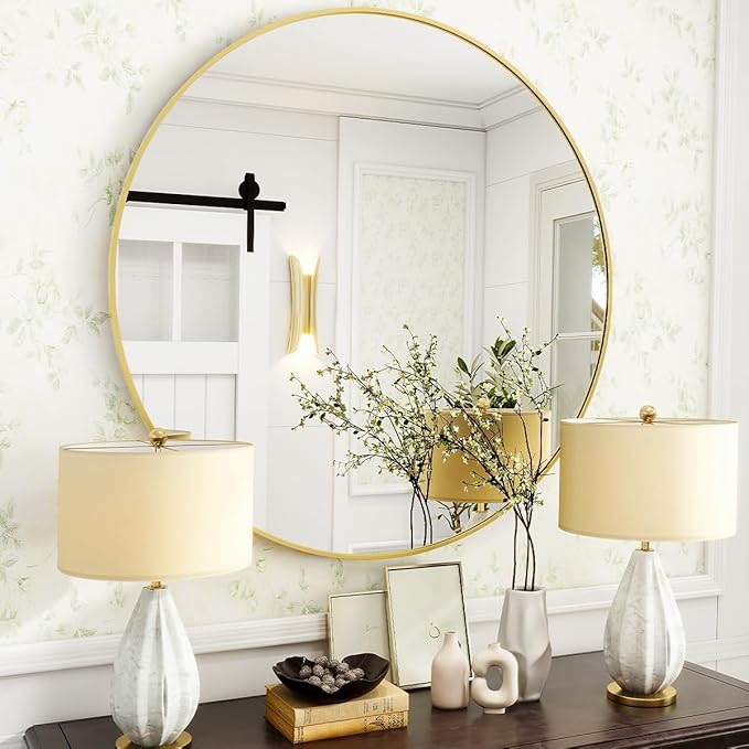 Gold Round Bathroom Mirror, 24 inch Circle Wall Mounted Hanging Mirror - Image 7