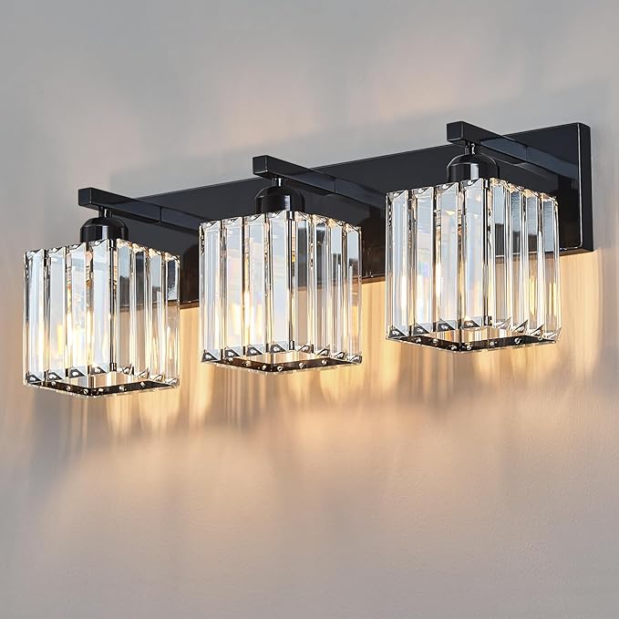 Modern Bathroom Vanity Light 3-Lights Plating Black Crystal Bathroom Wall Light by FDPBY