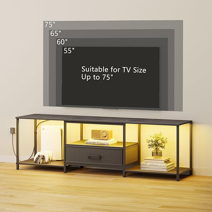 TV Stand with LED Lights, Entertainment Center with Open Shelves and Fabric - Image 6