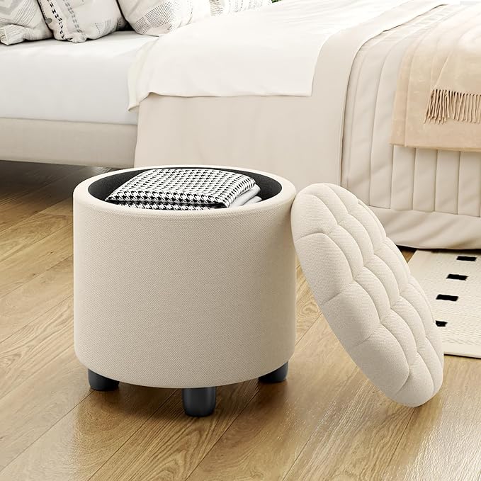 Furniliving Modern Round Storage Ottoman, Button Tufted Ottoman Foot Stools - Image 4