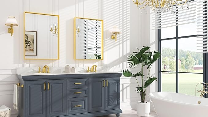 Keonjinn Gold Bathroom Vanity Mirror 24" x 32" Rectangular Wall Mirror Aluminum - Image 2