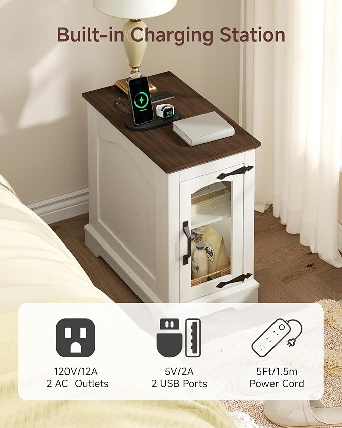Narrow Side Table with Charging Station, 13.8" W End Table with Storage - Image 5
