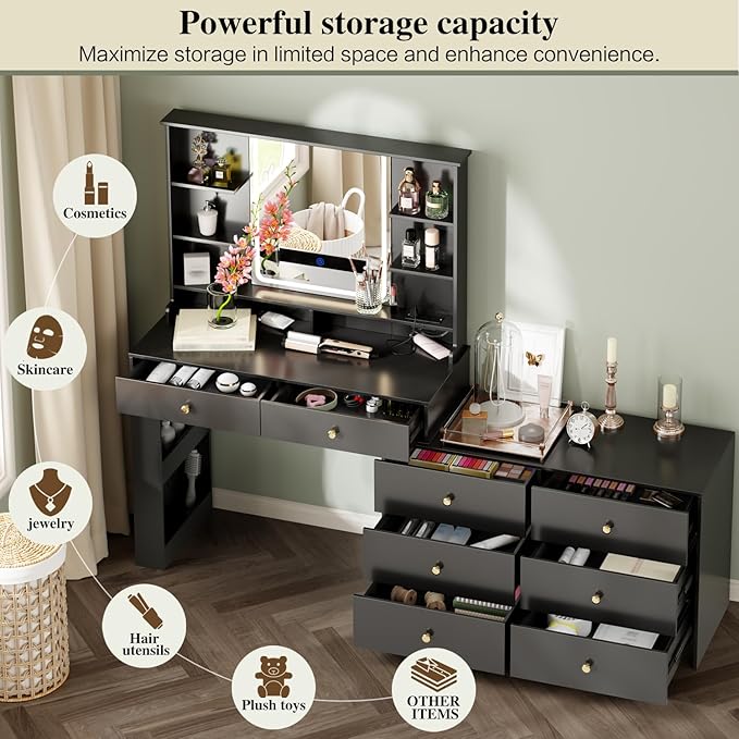 Large Makeup Vanity Desk with Mirror and Lights, Vanity Desk with 8 Drawers & - Image 2