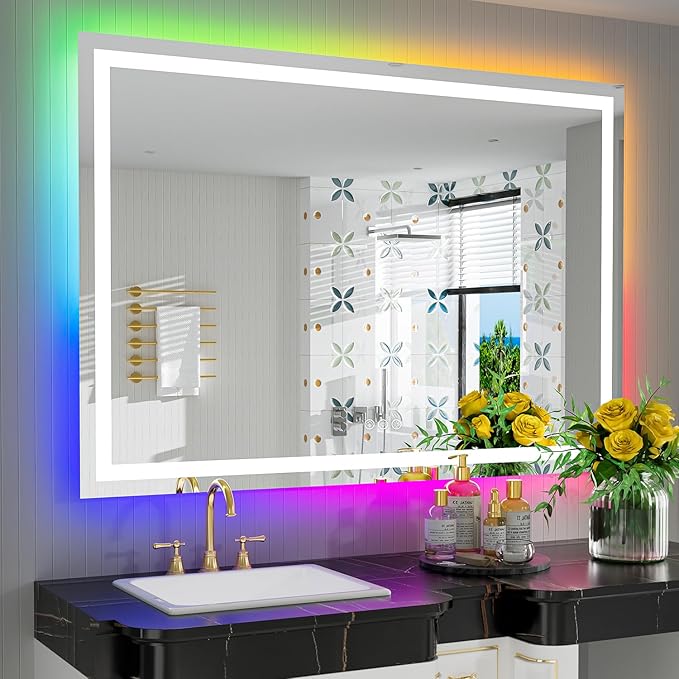 51x40 Inch RGB LED Bathroom Mirror Front Light and RGB Backlit Lighted Vanity by YEELAIT