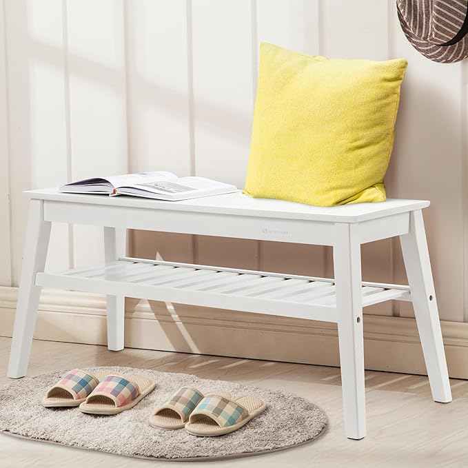 Nnewvante 33.46" Bamboo Dining Bench, 2 Tier Indoor White Storage Bench by Nnewvante