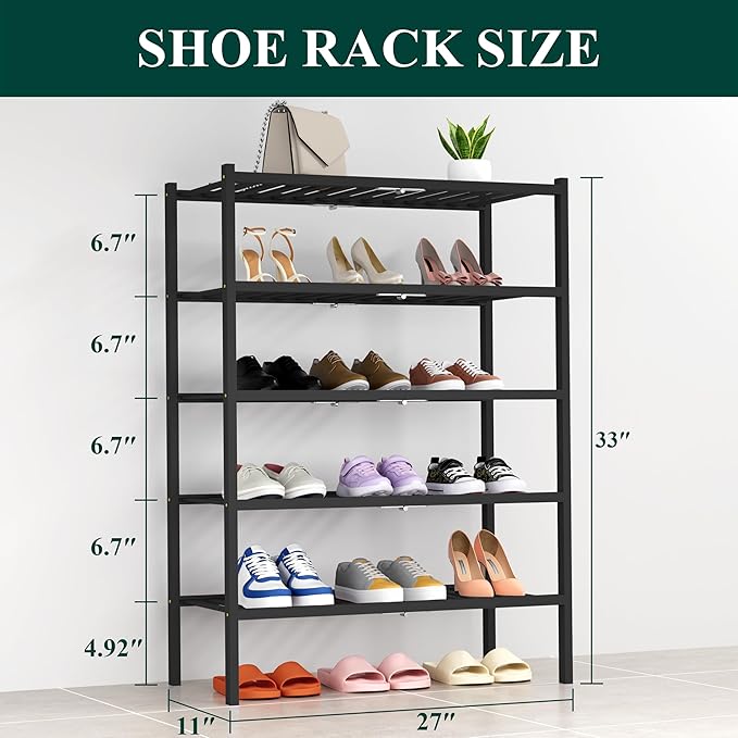 Smiry Shoe Rack, 5 Tier Thick Bamboo Shoe Organizer, Stackable Free Standing - Image 2