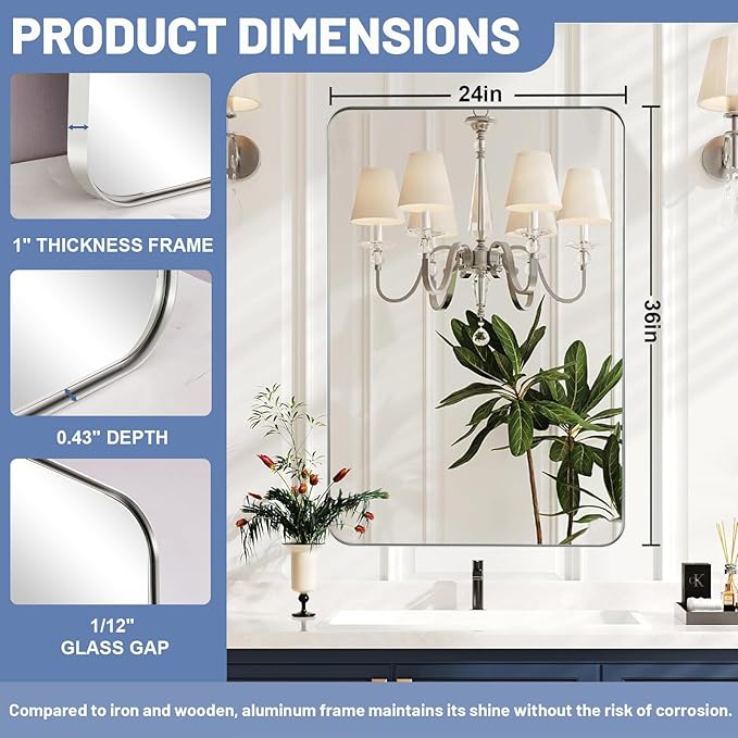 24x36 Inch Silver Bathroom Mirror - Image 6