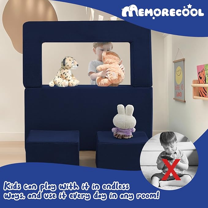 MeMoreCool Convertible Modular Kids Foam Play Couch Sofa – Navy Fold-Out - Image 4