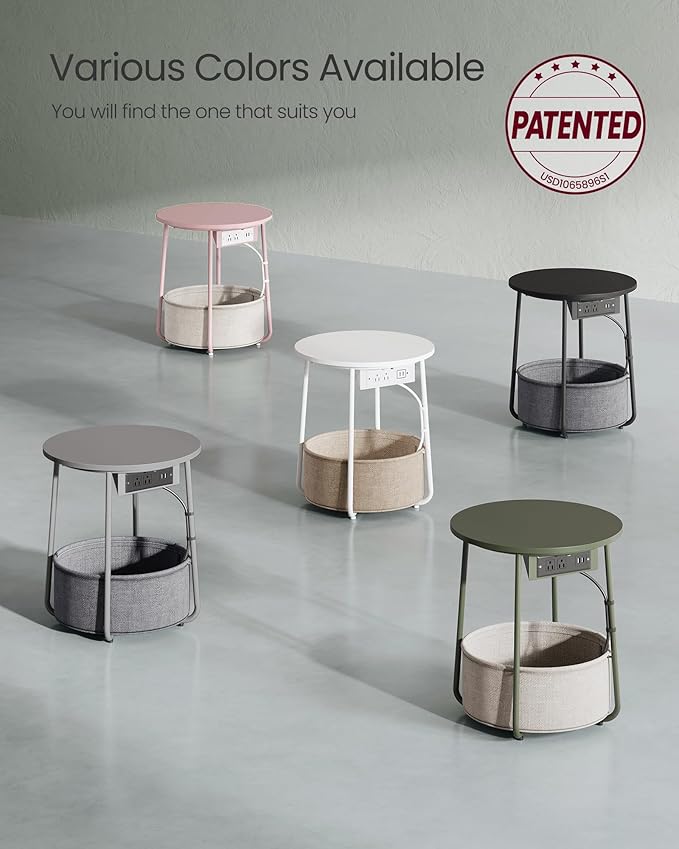 VASAGLE Side Table with Charging Station, Round End Table with Fabric Basket - Image 10