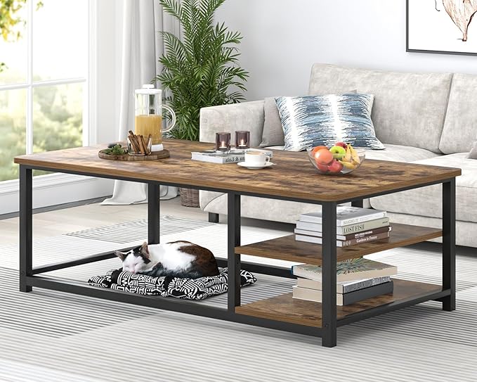EXCEFUR Modern Coffee Table, Rustic Wood and Metal Living Room Table - Image 6