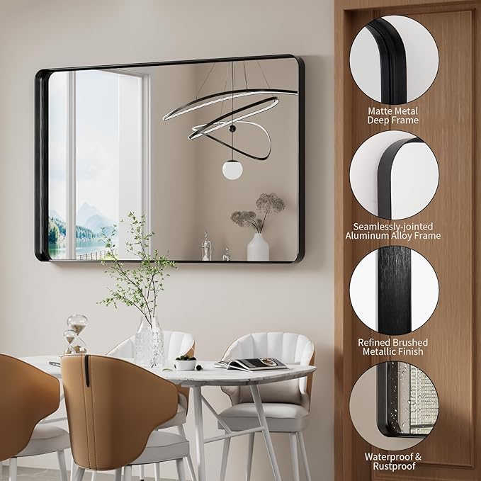 Koonmi Black Wall Mirror for Bathroom, 36x55 Inch Matte Deep Framed Rounded - Image 6