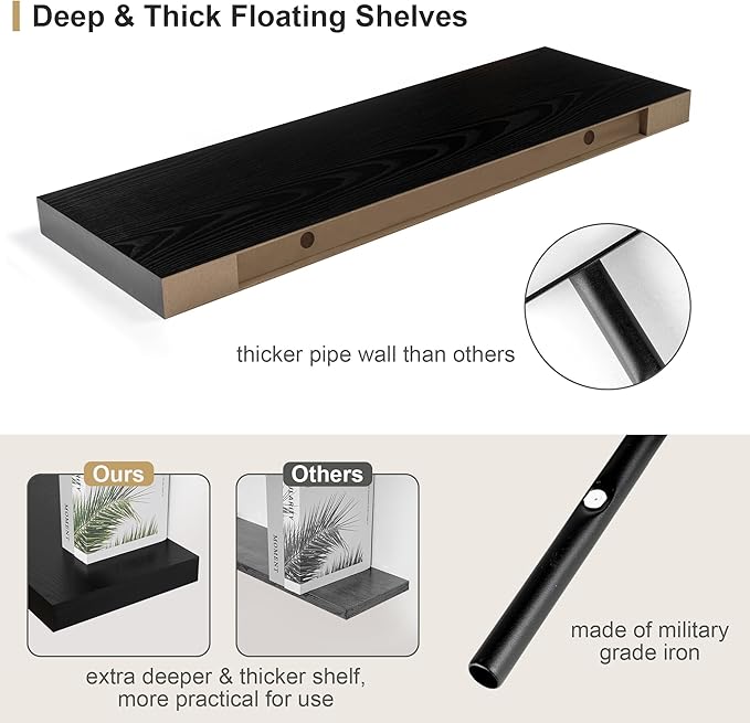 Heimlove Black Bathroom 12'' Deep Floating Shelves - Image 4