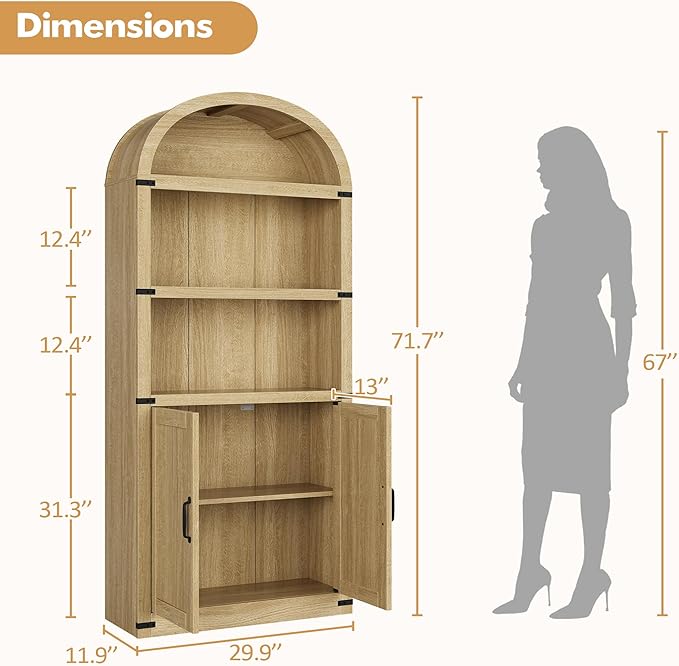 GarveeHome Bookcase with Doors Arched Bookshelf 71.65in Tall Bookcase Farmhouse - Image 2