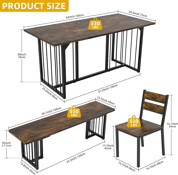 DWVO 63 Inch Dining Table Set for 6-8 People 6-Piece Large Kitchen Table Set - Image 2