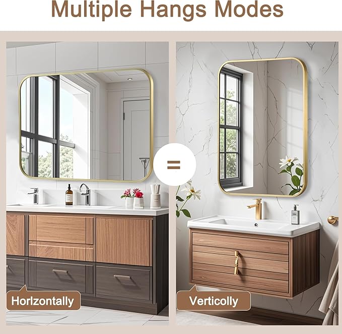Brushed Gold Mirror, Metal Frame Rectangle Corner Vanity Mirror, Wall Mounted - Image 7