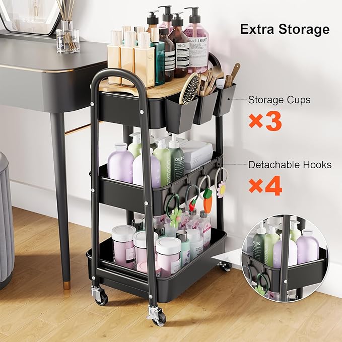 3 Tier Metal Rolling Cart with Wheels and Wooden Table Top, Three Tiered Craft - Image 8