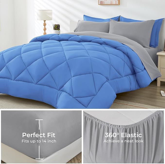 HEVUMYI Royal Blue & Light Grey Full Comforter Set - Image 4