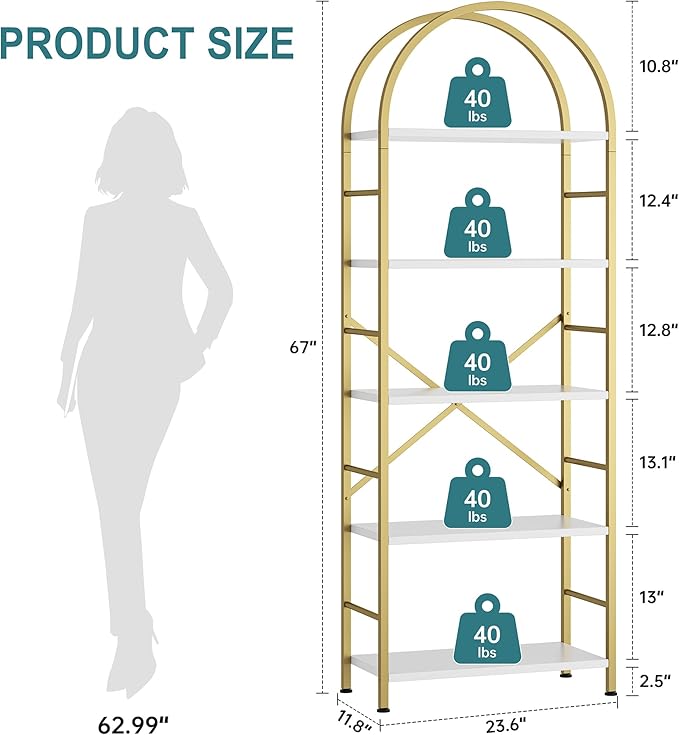 Shintenchi Bookshelf, Arched Bookshelf 5 Tier Bookcase Shelf - Image 2