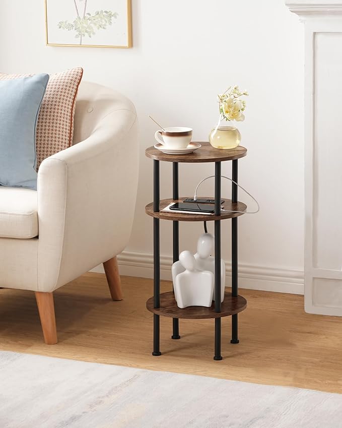 Round Side Table with Charging Station, Small Round End Table, 3-Tier Sofa Side - Image 8