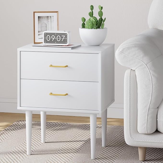 Set of 2 White Nightstand with 2 Drawers, Tall Night Stand with Gold Handles - Image 5