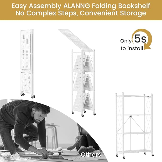 ALANNG Storage Shelves with Wheels, Bookshelf with Storage, No Assembly Metal - Image 5