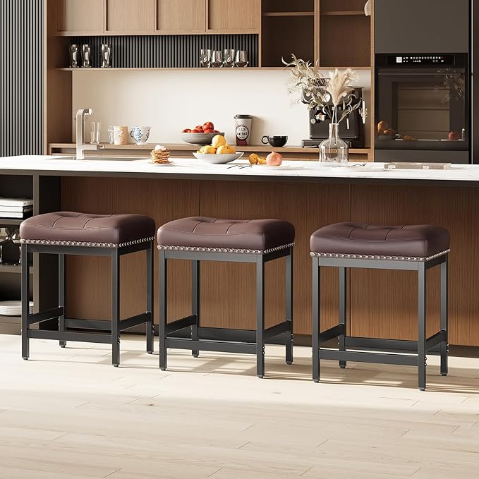 MALOL Set of 3 Saddle Bar Stools Counter Height 24.4”, Modern PU Leather - Image 7