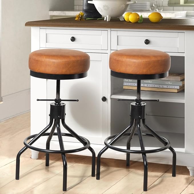 Industrial Bar Stools Adjustable Swivel Round Barstools Modern PU Leather - Image 2