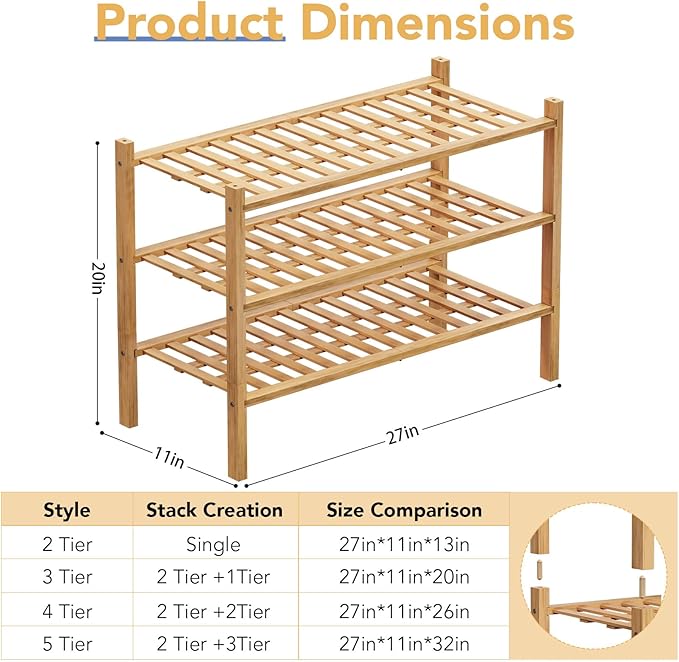 Haddockway 3 Tier Bamboo Shoe Rack Storage Organizer, Small Space 27"x11"x20" - Image 3
