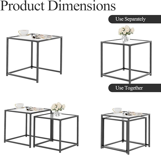 VILAWLENCE Coffee Table Set of 2, Modern Black Patterned Glass Side Table - Image 7