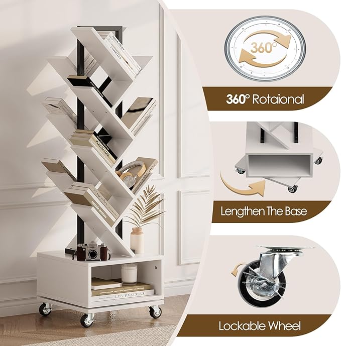7 Tier Tree-Shaped Rotating Bookshelf, Double Sided, Small Bookcase - Image 4