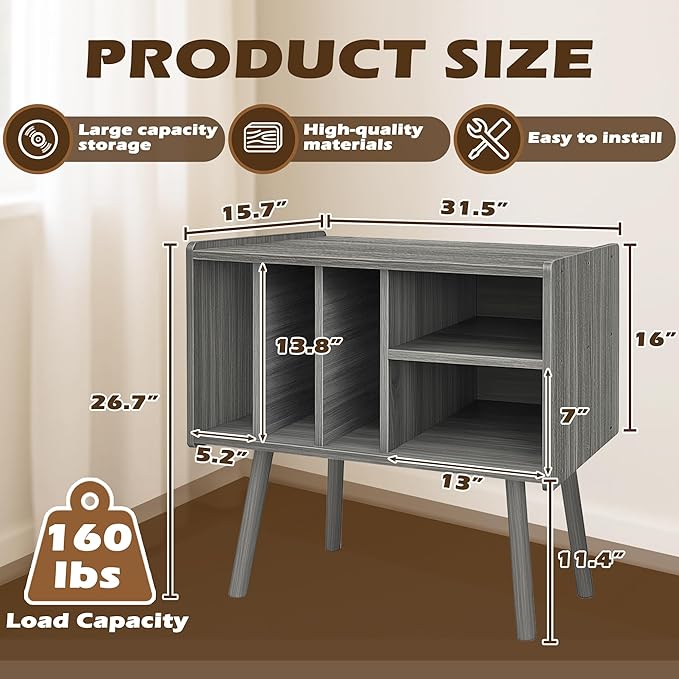 Record Player Stand with Vinyl Storage, Wooden Record Player Table with 5 - Image 2