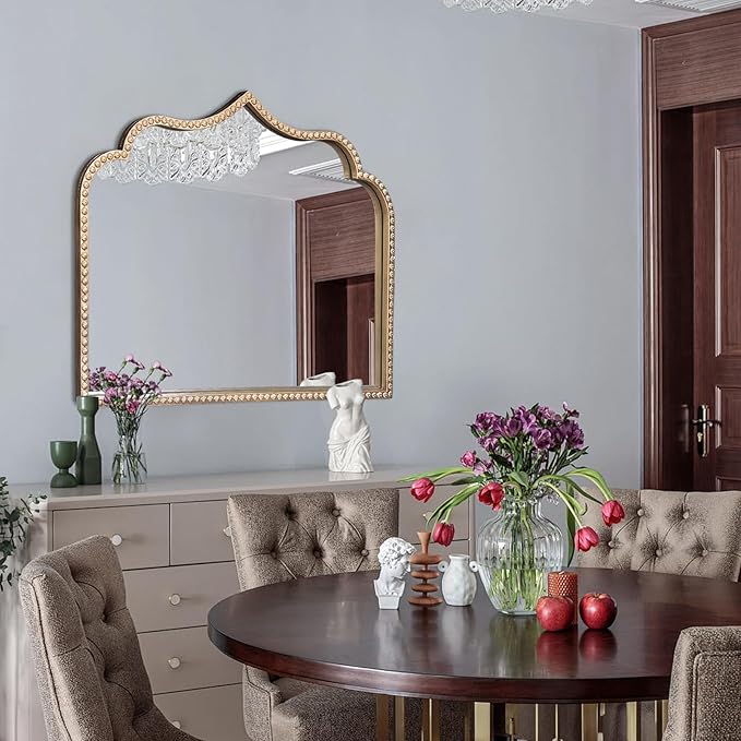 Gold Arched Mirror, Metal Beaded Frame Ornate Decorative Mirror, Scalloped - Image 7