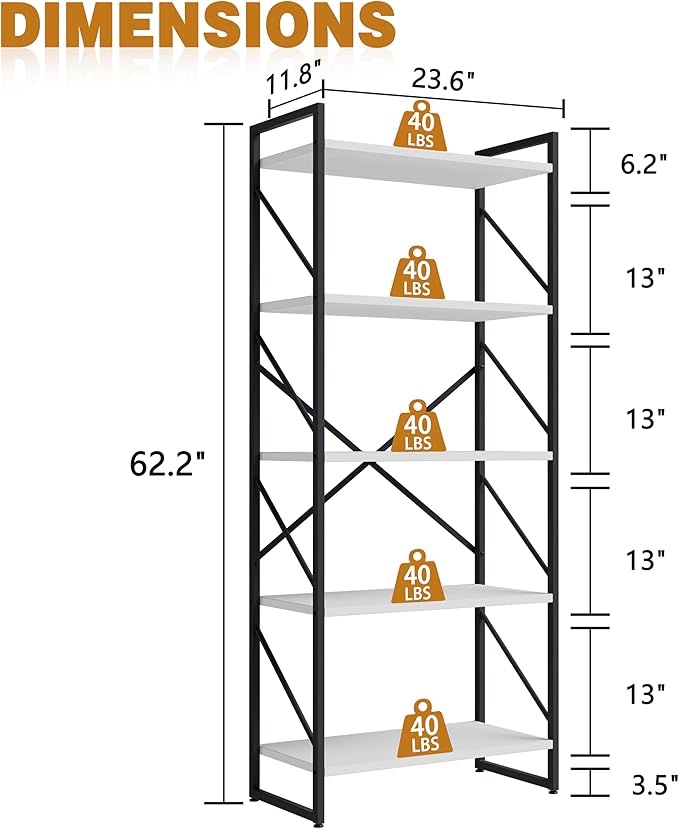 Bookshelf, 5 Tier Bookshelves, Home Office Bookcase Shelf Storage Organizer - Image 3