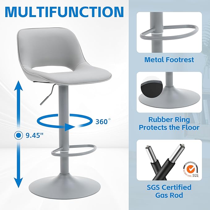 YOUNIKE Bar Stools Set of 2 All Grey Swivel Barstools, Adjustable Counter - Image 4