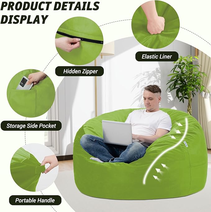 3FT Bean Bag Chair with Ultra Soft Velvet Cover Bean Bag Sofa with Memory Foam - Image 4