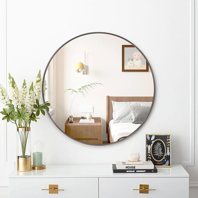 24 inch Round Titanium Mirror Wall Decor, Brushed Dark Grey Metal Framed Circle - Image 6