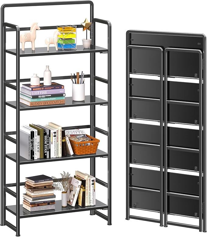 4NM No Assembly Folding Bookshelf, 4-Shelf 54" H Collapsible Foldable Bookcase by 4NM