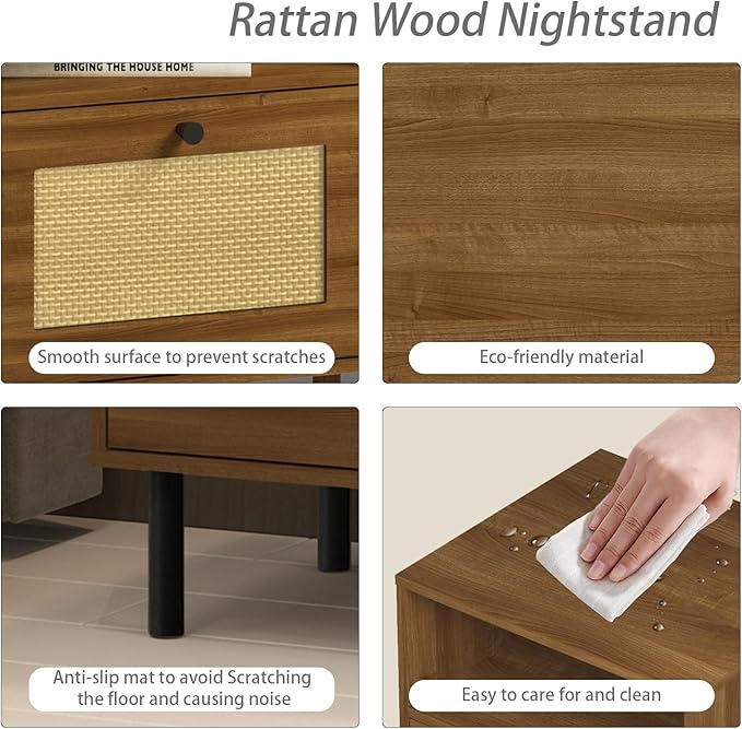 Rattan Nightstand with Storage Boho Modern Farmhouse Bedside Table with Drawer - Image 5