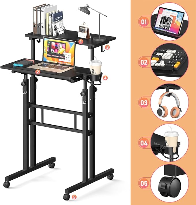 Small Standing Desk with Wheels, Tall Mobile Stand Up Table, Portable Standing - Image 9