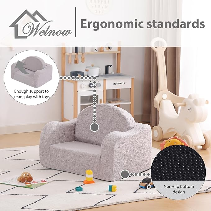 Welnow Kids Sofa, 2-in-1 Soft Sherpa Toddler Chair, Convertible Toddler Couch - Image 6