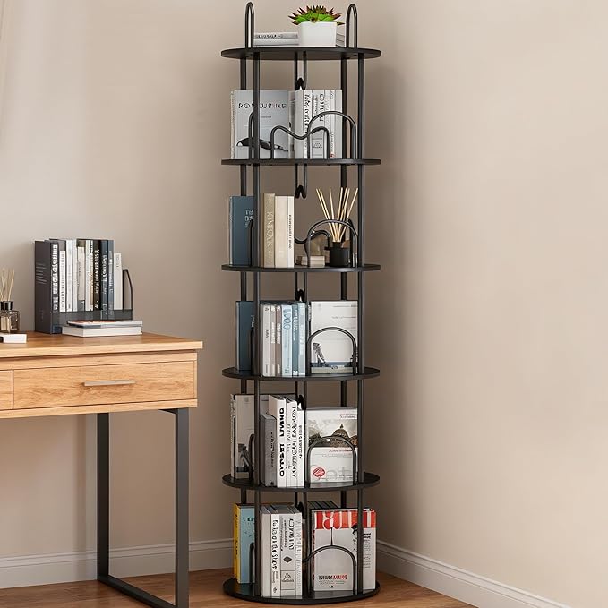 5 Tier Rotating Bookshelf, 360° Spinning Bookshelf Tower, Round Narrow Space by Merkisa