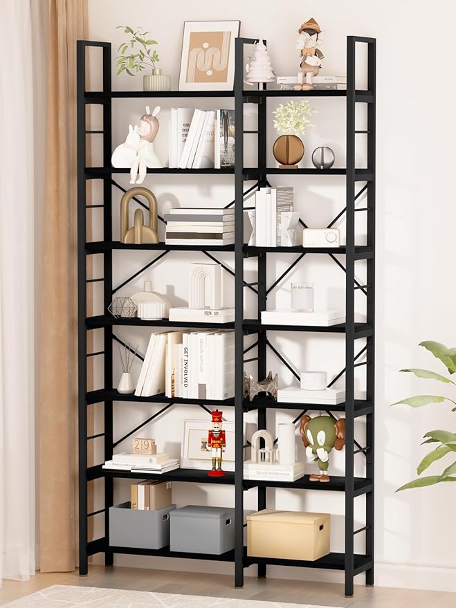 7-Tier Corner Bookshelf, Reversible Wooden Shelves, Industrial Bookcase - Image 3